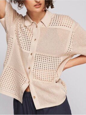 NEW Kotn Top Blouse Button Down Alexandria Top Beige Tan Knit Small